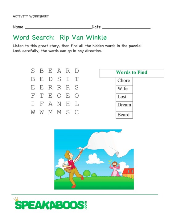 Word Search: Rip Van Winkle | Speakaboos Worksheets