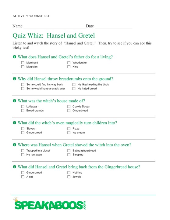 Quiz Whiz: Hansel and Gretel | Speakaboos Worksheets